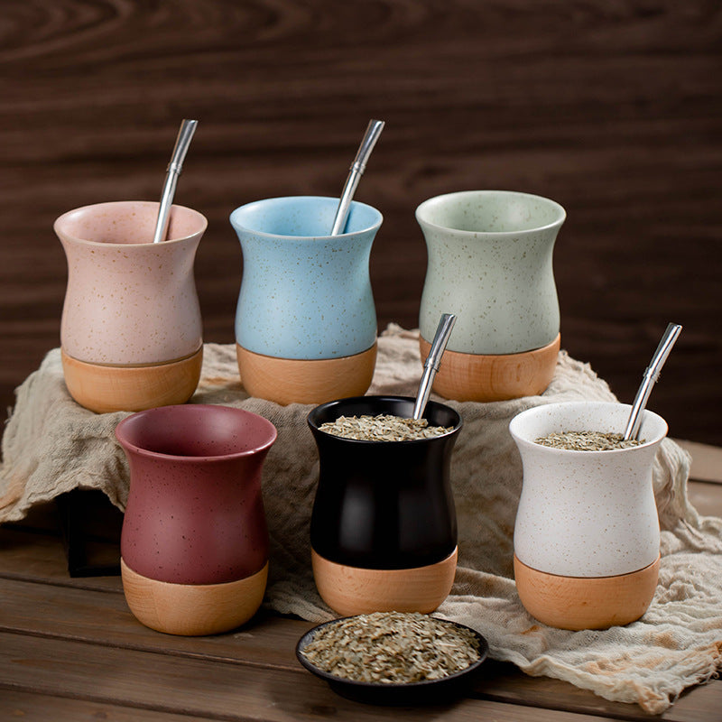 260ml Ceramic and wooden Yerba Mate Gourd Cup