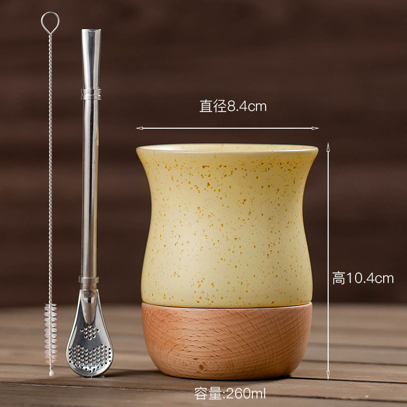 260ml Ceramic and wooden Yerba Mate Gourd Cup