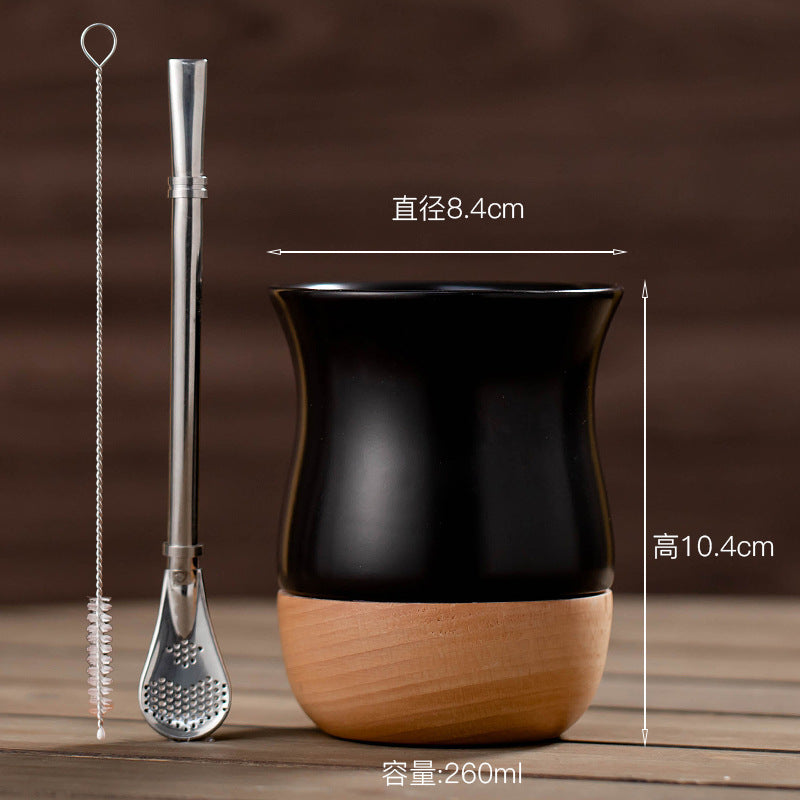 260ml Ceramic and wooden Yerba Mate Gourd Cup